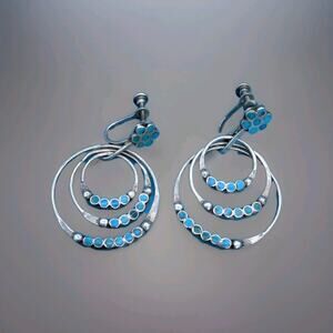 Rare Silver Zuni Dishta Turquoise Inlay Dangle Screw Back Earrings, c.1940